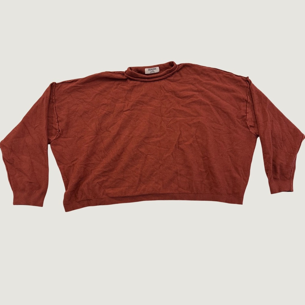 Zenana Women's L/XL Rust Oversized Sweater Exposed Seam Crew Neck Pullover